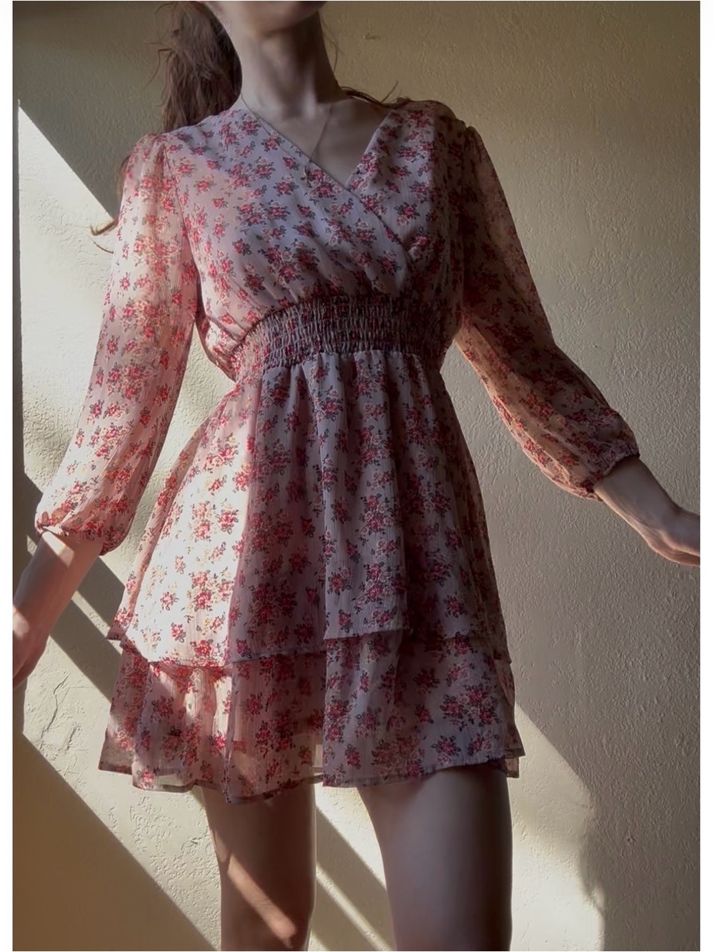 Mimi Chica Pink Floral Tiered Long-Sleeve Mini Dress